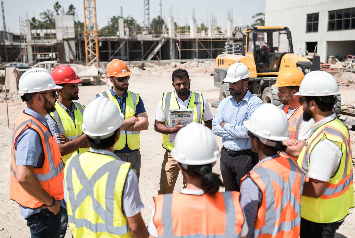 Contractors in a toolbox talk before starting site work.